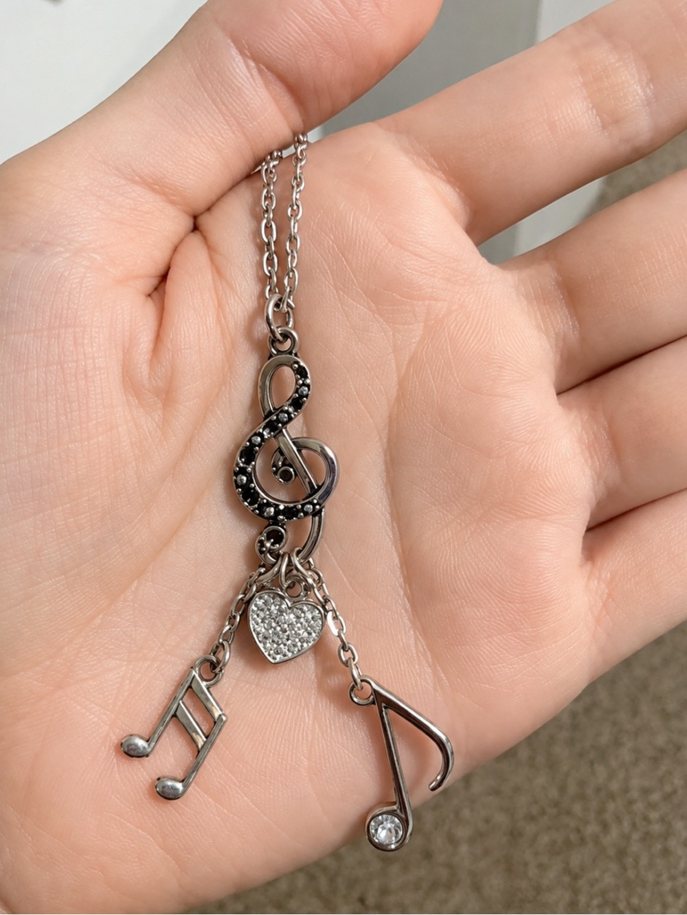 Silver Music Note Necklace with Sparkling Heart Charm